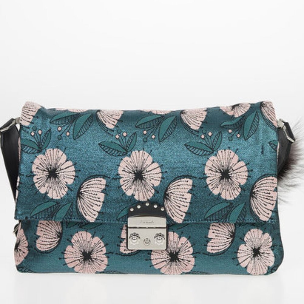 Floral Teal Crossbody Bag with Pink Blooms